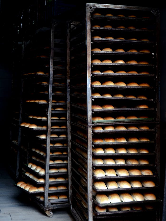 Tall racks filled with rows of freshly baked round loaves in an industrial bakery setting.